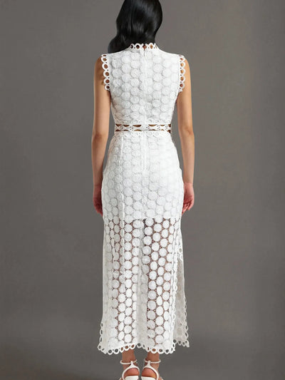 Crew Neck Laser Sleeveless Slit Maxi Lace Dress