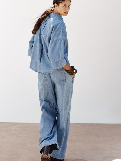 Wide Leg Denim Pants & Casual Shirt Coord Set