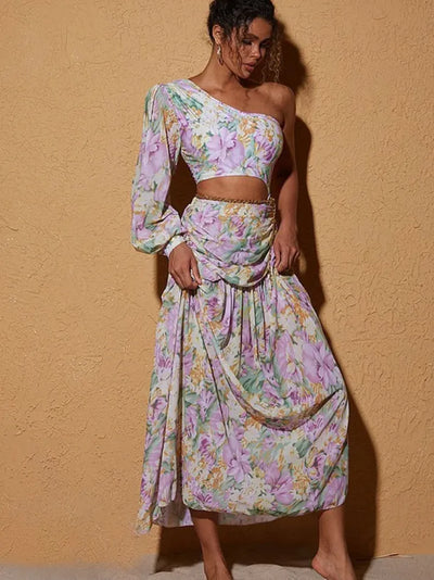 One Shoulder Cut out Blossom Print Swimsuit Skirt Set