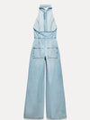 Halterneck Backless Denim Jumpsuit