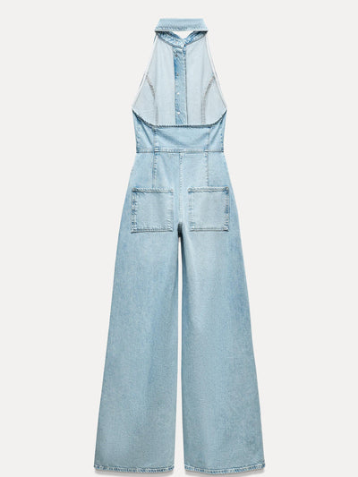 Halterneck Backless Denim Jumpsuit