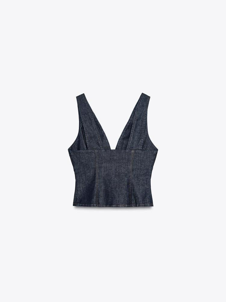 V Neck Denim Vest Crop Top
