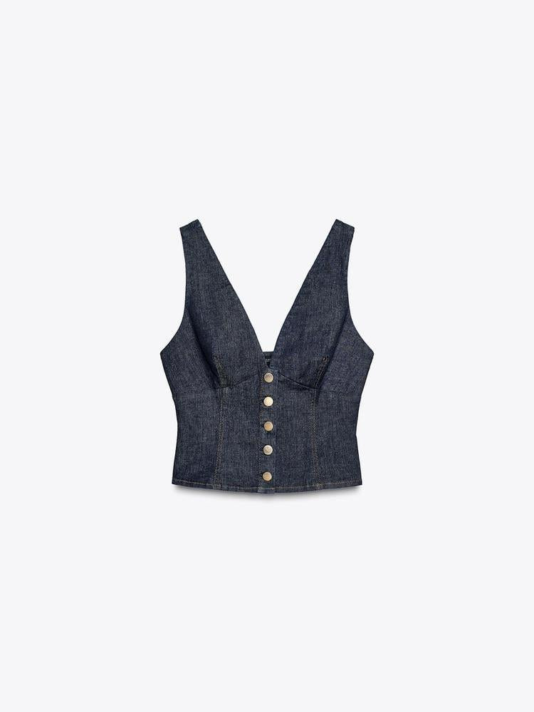 V Neck Denim Vest Crop Top