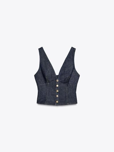 V Neck Denim Vest Crop Top