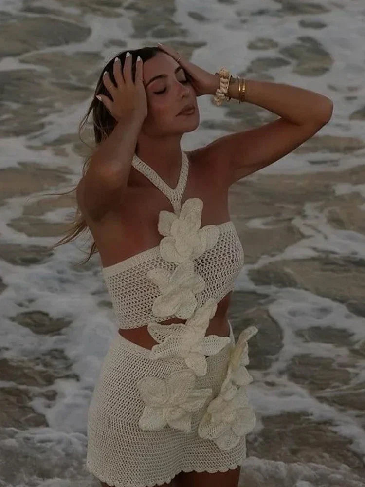 Mia Halterneck Crochet Applique Cutout Short Dress