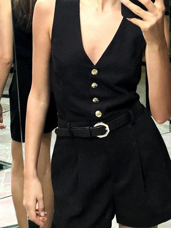 Sleeveless V Neck Romper With Belt