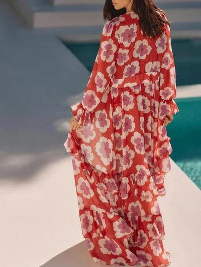 Coastal Blossom three-piece beachwear set by SR Store, red floral bikini cover-up ensemble