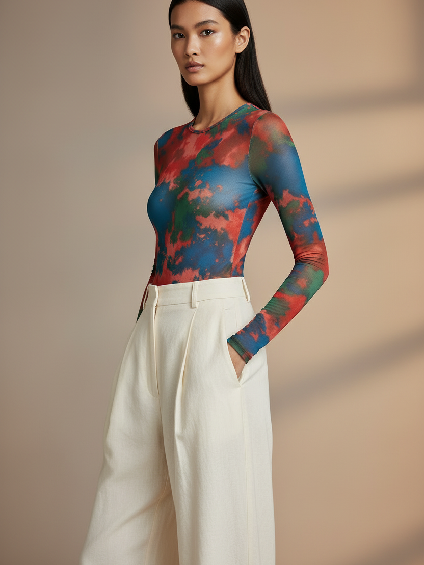Printed mesh tulle bodysuit, multicolor tie-dye pattern, Exclusives brand