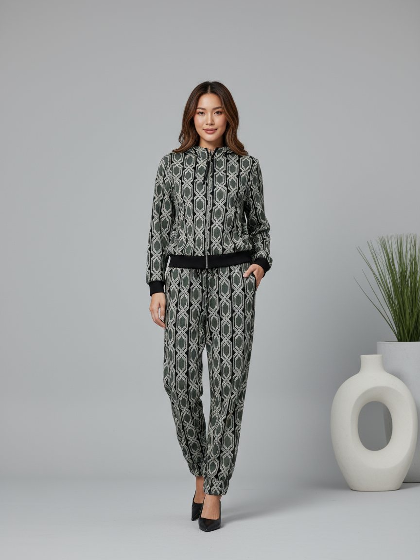 Green Abstract Print Hoodie & Joggers Pants Coord Set