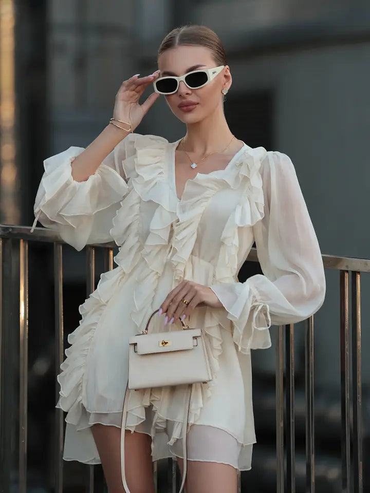 V Neck Sleeve With Ruffle Hem Short Dress