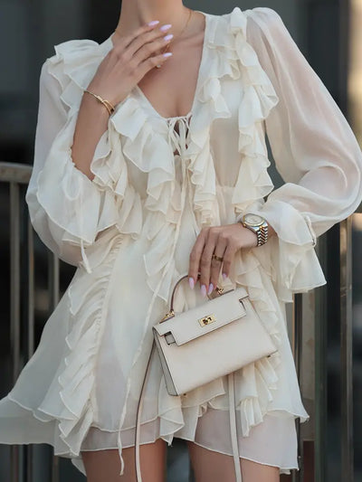 V Neck Sleeve With Ruffle Hem Short Dress