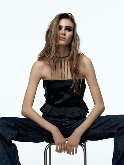 Pleated Black Crop Tube Top