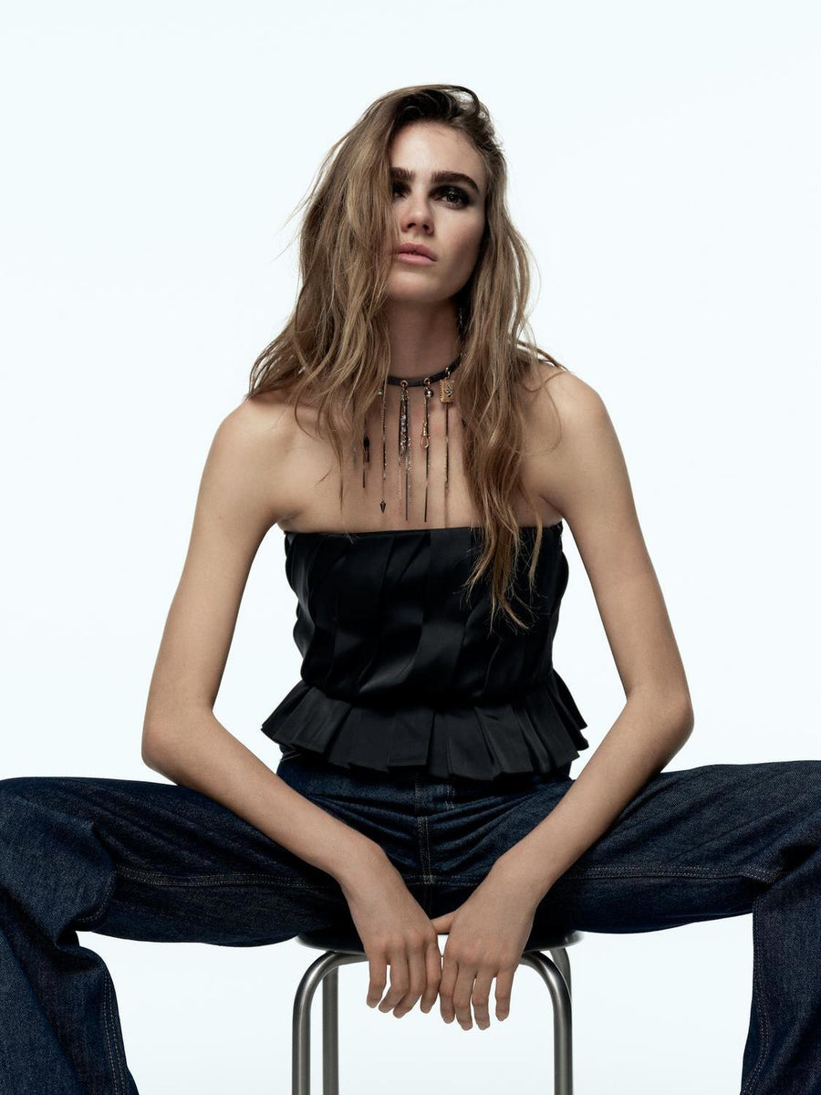 Pleated Black Crop Tube Top