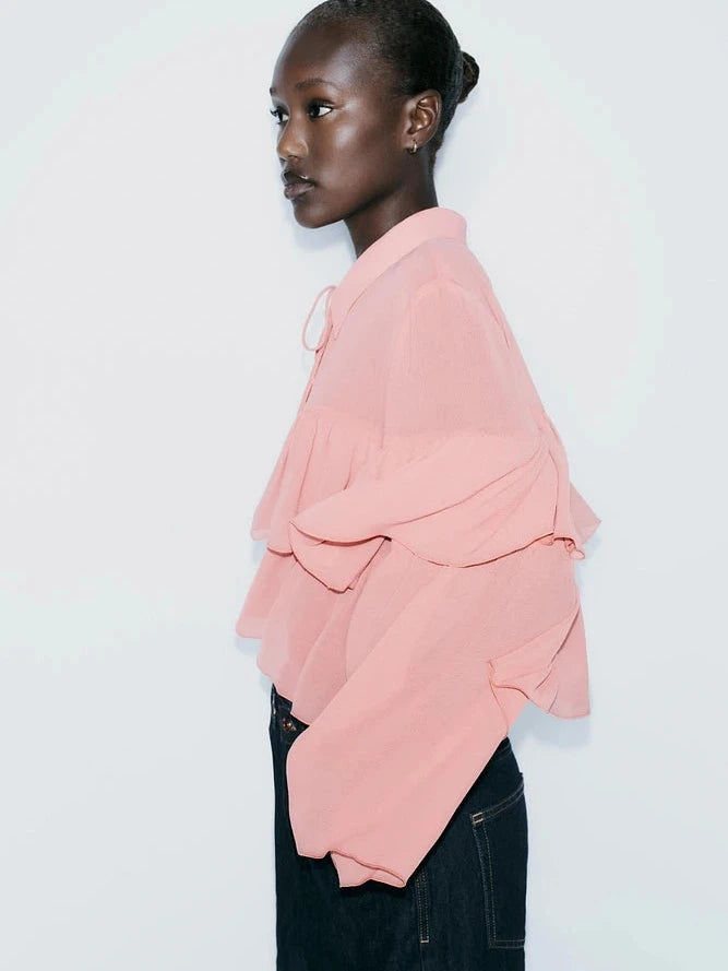 Drawstring Collar Ruffle Blouse Top