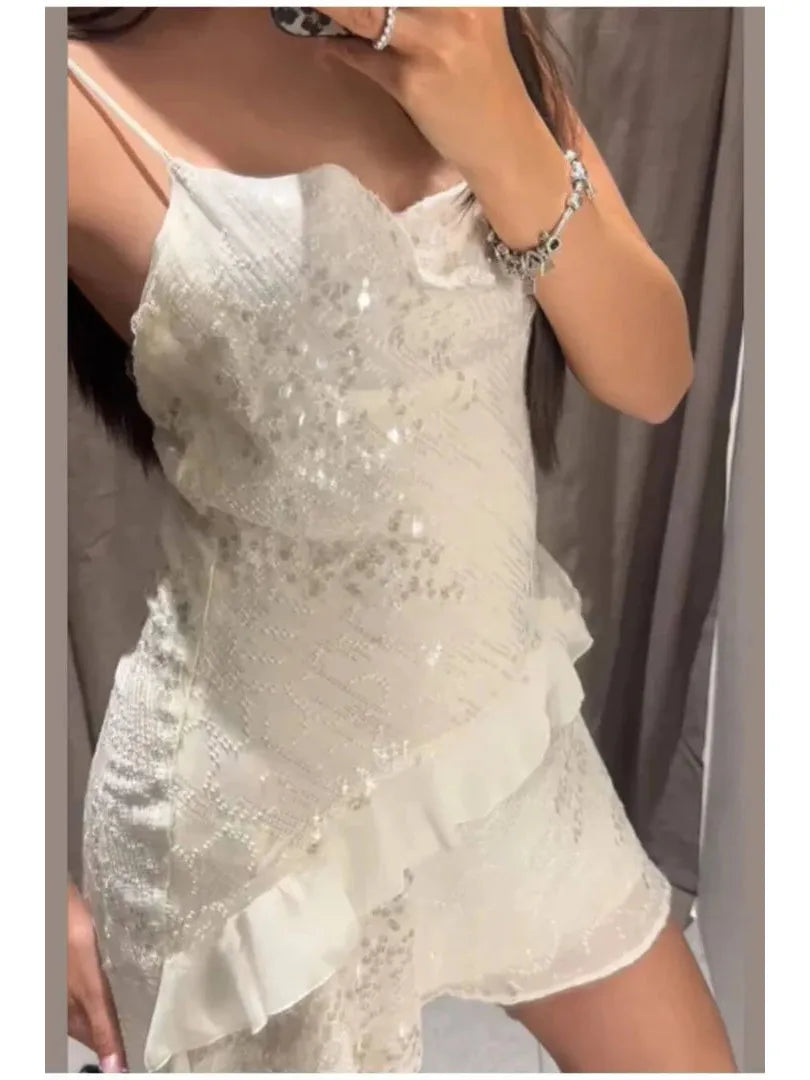 White  Asymmetric Ruffle Sequins Short Dress