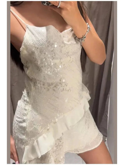 White  Asymmetric Ruffle Sequins Short Dress