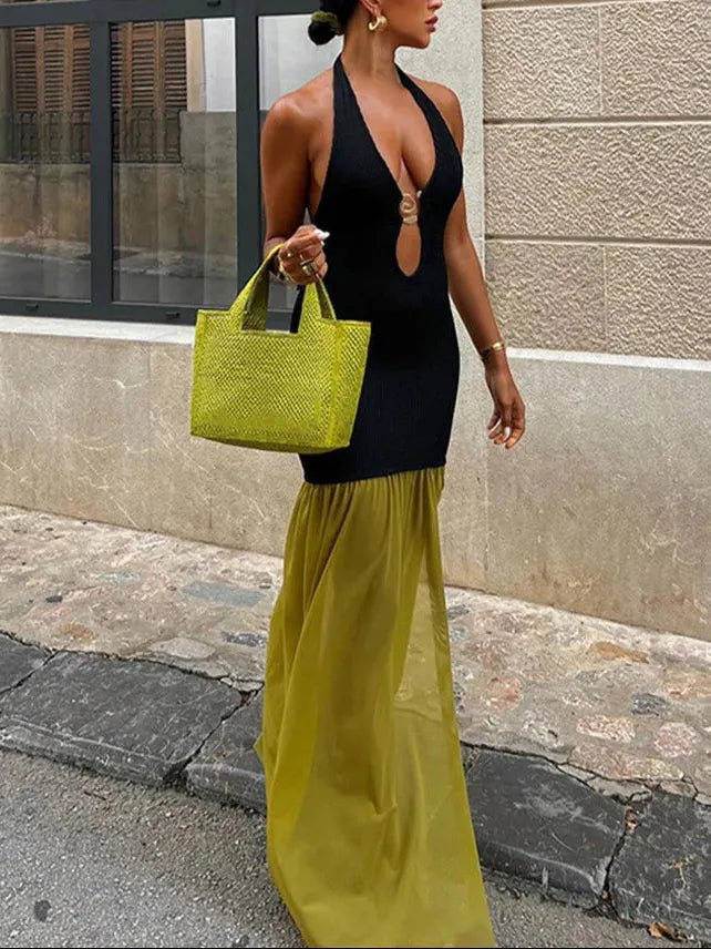 Deep V-Neck Backless Lace-Up Maxi Dress