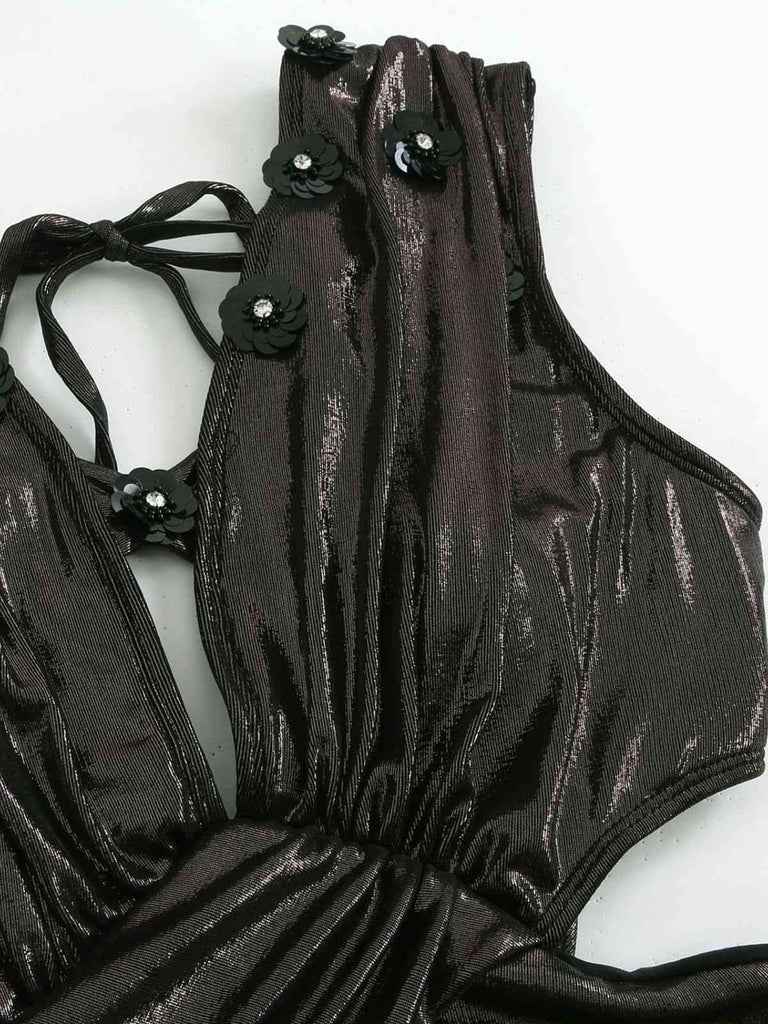 Midnight Metallic Cross-Front Swimsuit & Ruched Maxi Skirt Set