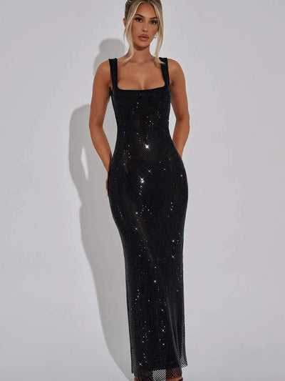 Rhinestone Scoop Backless Embellished Maxi Dress
