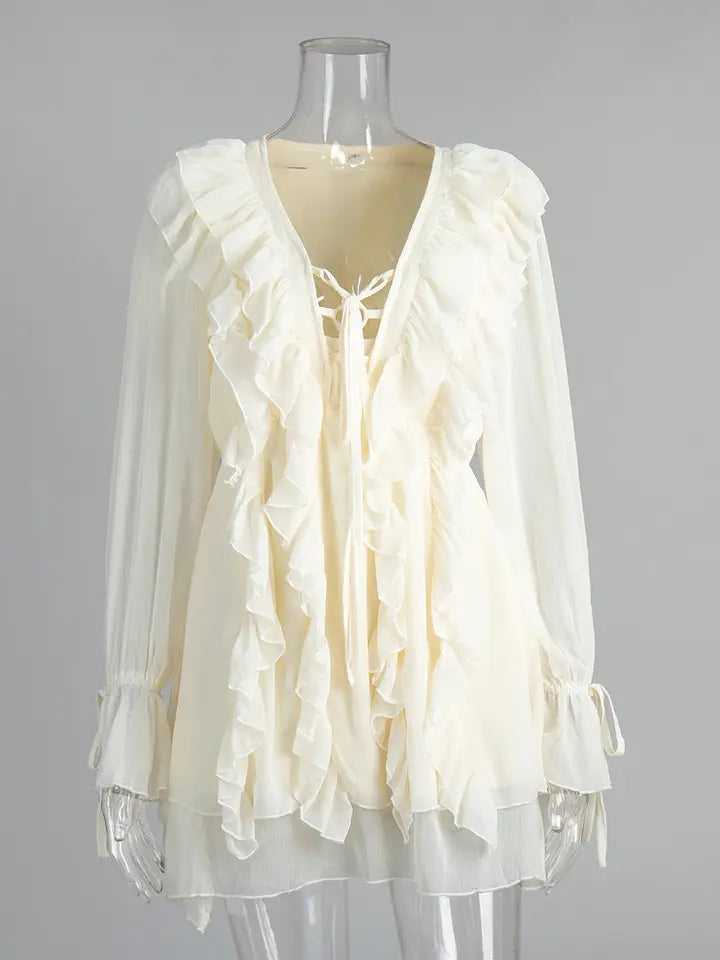 V Neck Sleeve With Ruffle Hem Short Dress