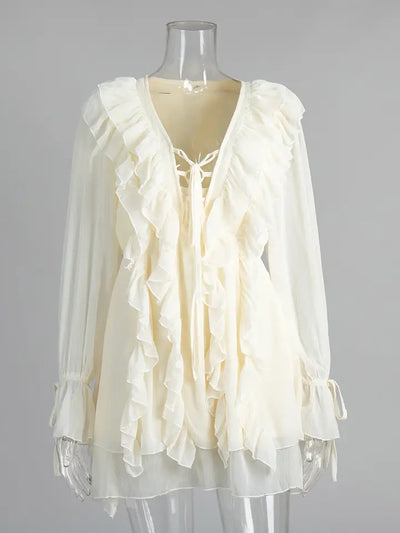 V Neck Sleeve With Ruffle Hem Short Dress