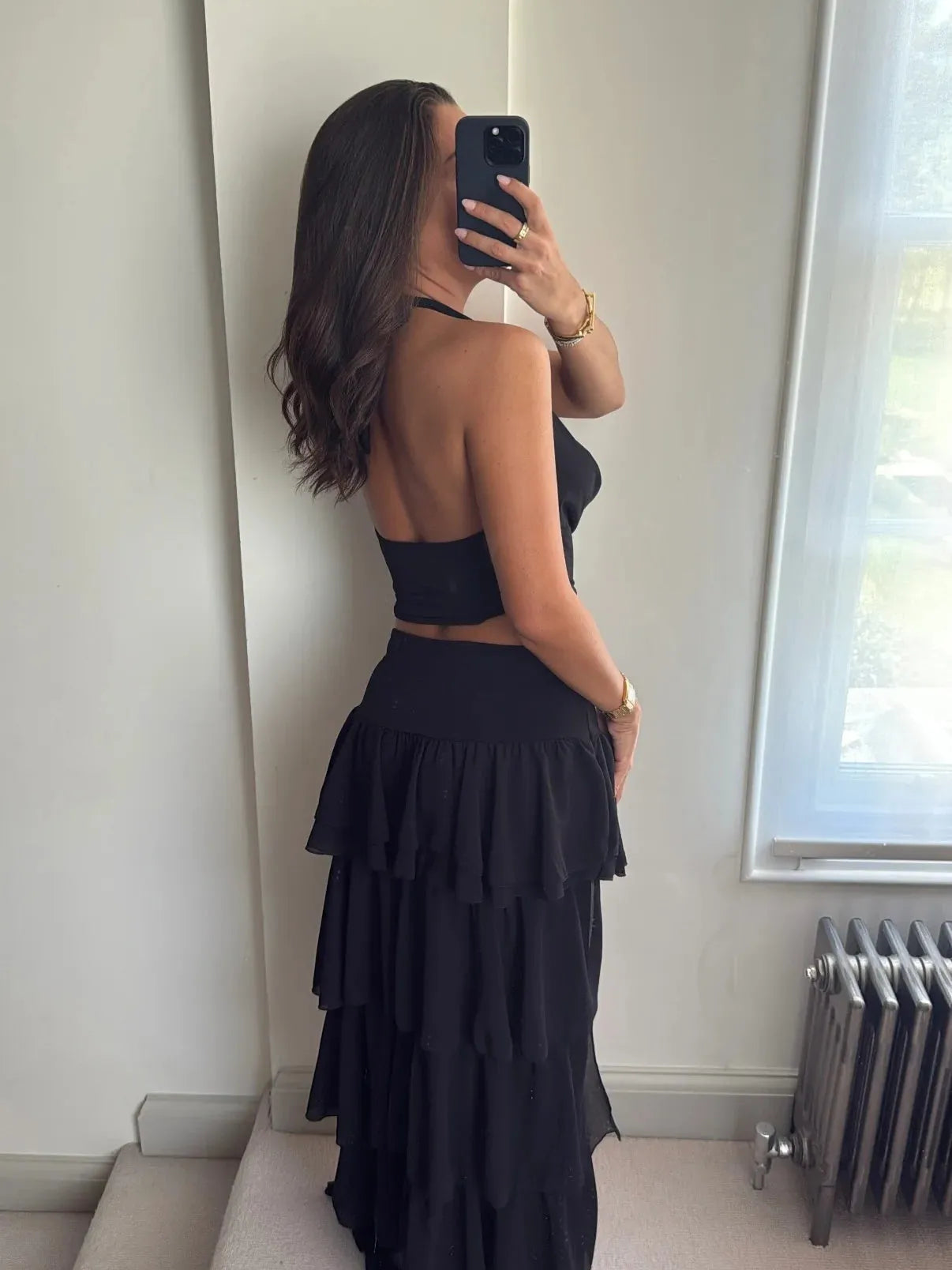 Cowl Neck Ruffle Mesh Asymmetric Skirt Coord Set Set