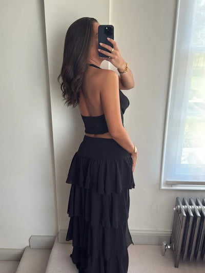 Cowl Neck Ruffle Mesh Asymmetric Skirt Coord Set Set