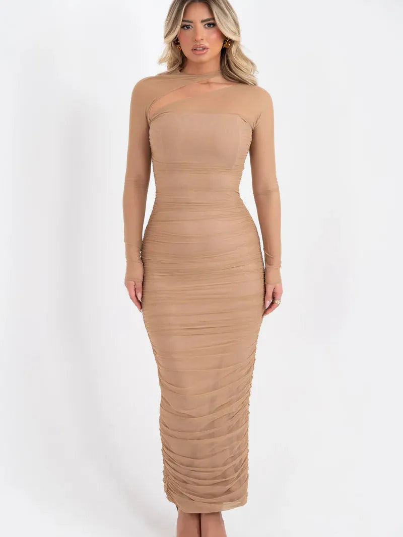 Mesh Sleeves Hollow Out Cutout Maxi Dress