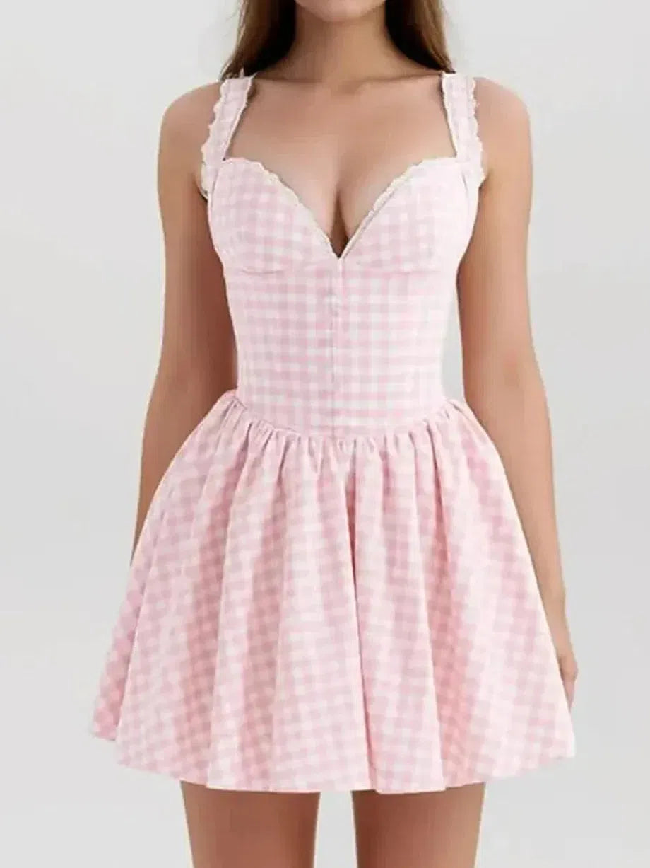Sweetheart Neck Corset Gingham Print Short Dress