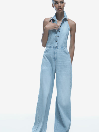 Halterneck Backless Denim Jumpsuit