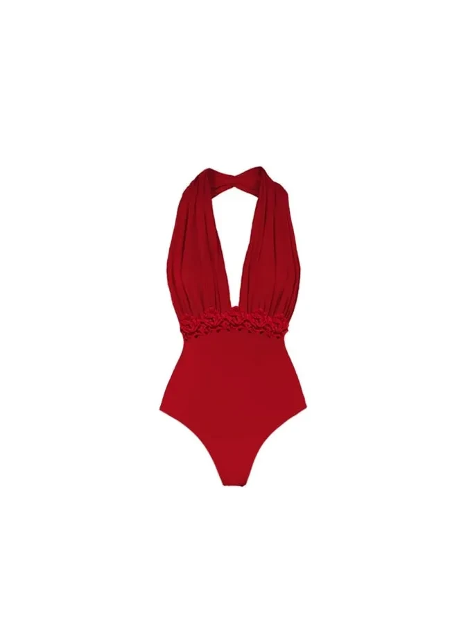 Crimson Drape Halter Swimsuit & Ruched Maxi Skirt Set