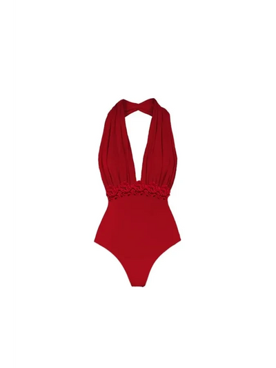 Crimson Drape Halter Swimsuit & Ruched Maxi Skirt Set