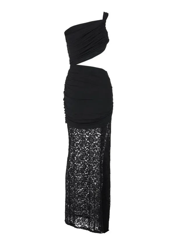 Black one-shoulder draped maxi dress with ruched bodice, waist cut-out, and sheer lace overlay skirt.