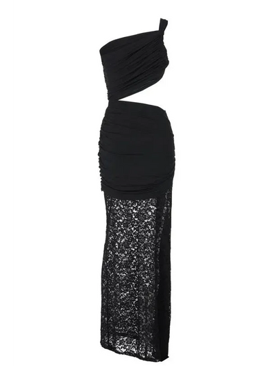 Black one-shoulder draped maxi dress with ruched bodice, waist cut-out, and sheer lace overlay skirt.
