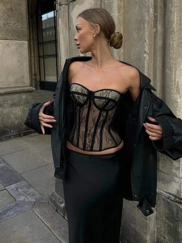 Sheer Lace Panel Corset Top