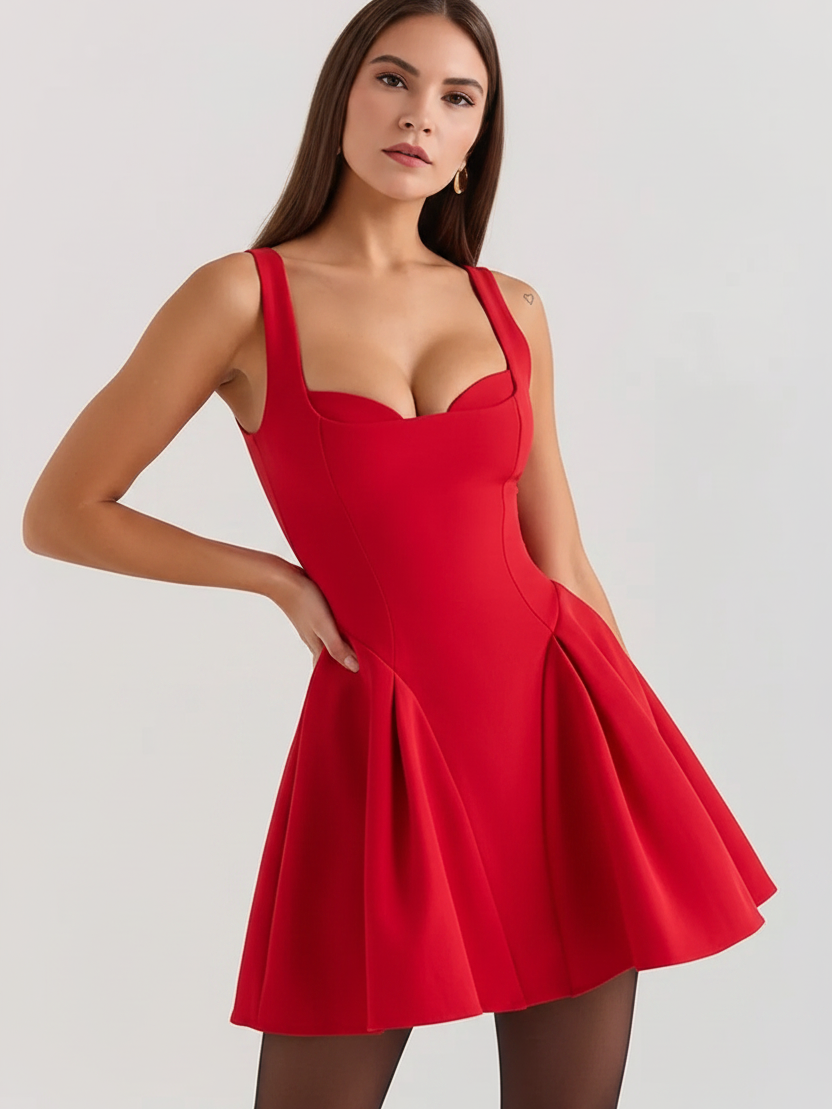 Sweetheart Neck Corset Short Flare Dress in red, on sale