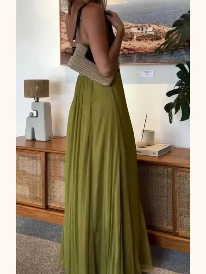 Juliana Deep Neck Applique Spaghetti Strap Maxi Dress