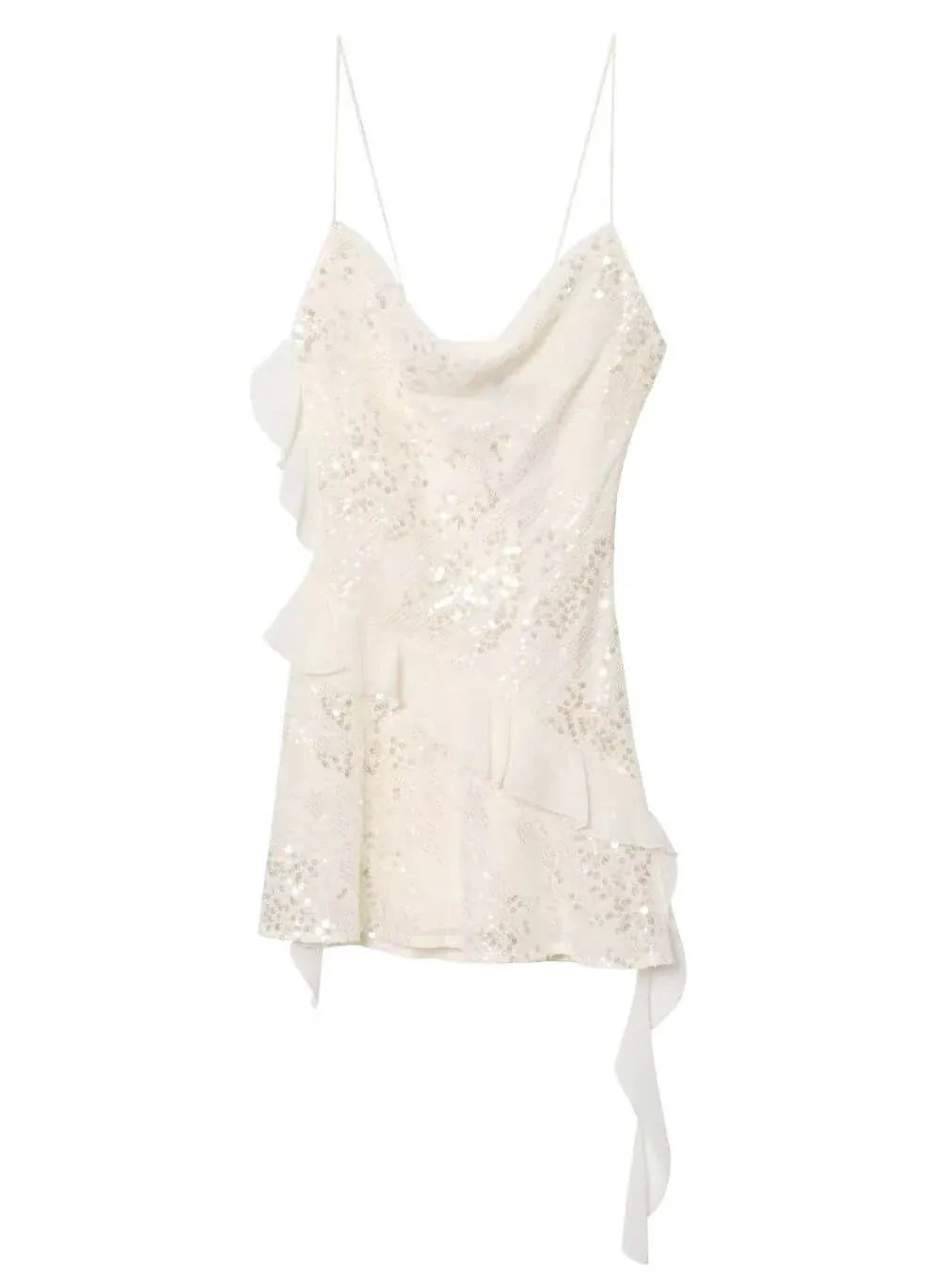 White  Asymmetric Ruffle Sequins Short Dress