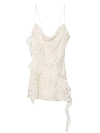 White  Asymmetric Ruffle Sequins Short Dress