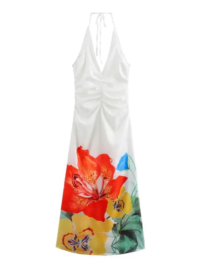 Floral Print White Halterneck Backless Maxi Dress