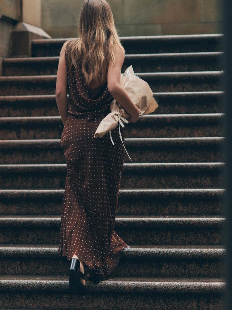 Polka Dot Draped Asymmetric Maxi Dress