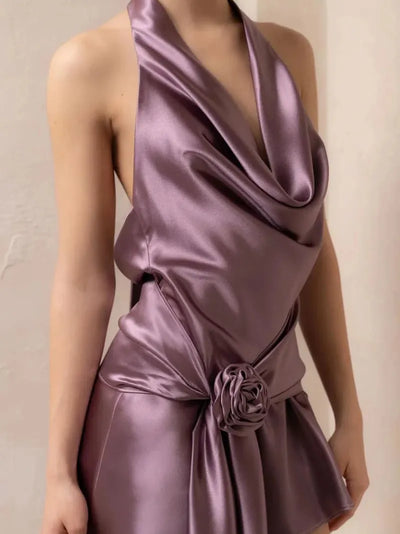 Applique Floral Satin Halterneck Cowl Neck Short Dress
