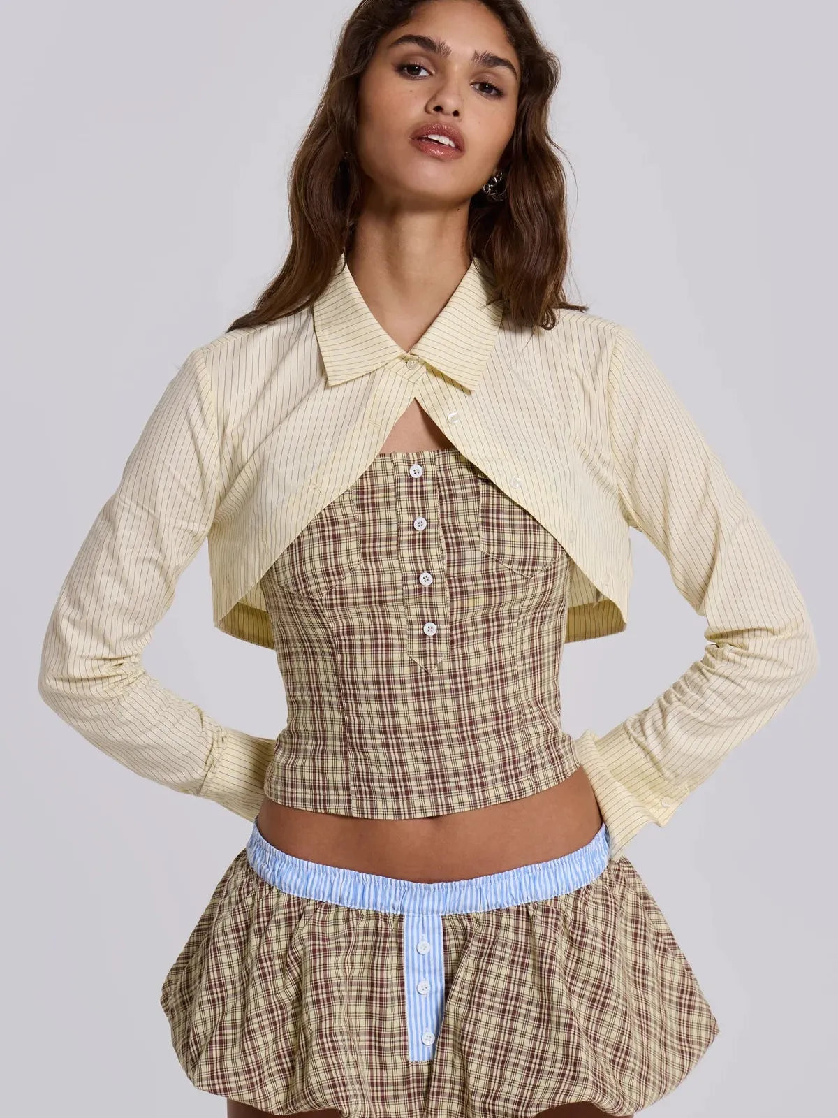 Gingham Print Corset Pocket Top & Skort Skirt Coord Set