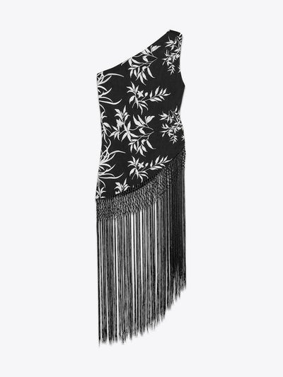 One Shoulder Asymmetric Embroidered Tassel Top