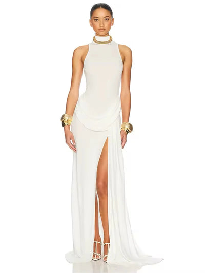 Asymmetric Draped Elegant High Slit Maxi Dress