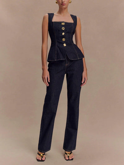 Sleeveless Button Down Applique Denim Vest Top