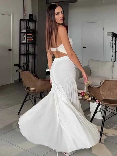 High Slit Tube Shell Pleated Backless Gown Maxi Dress
