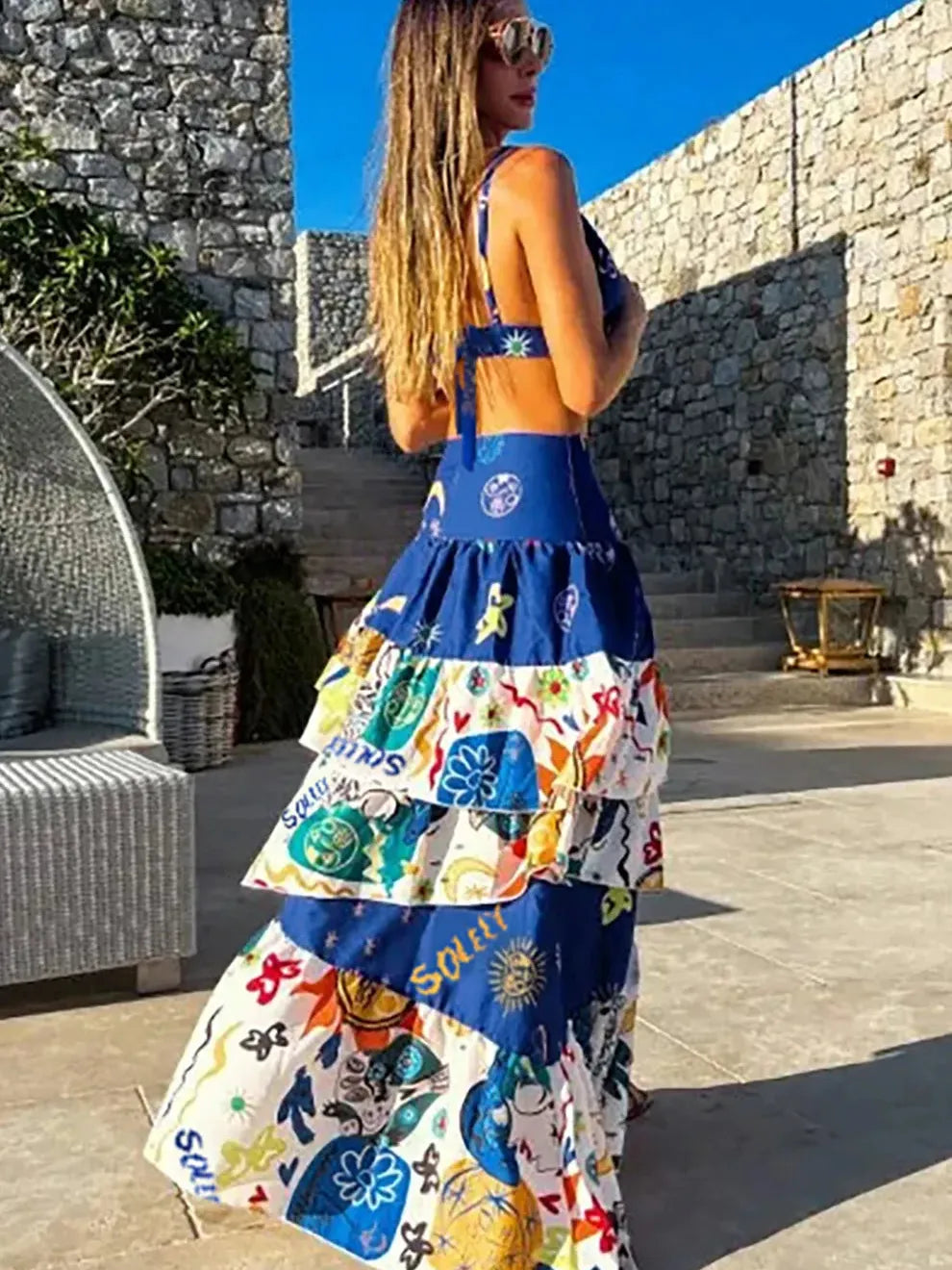 Doodle Print Braletter Top & Ruffle Skirt Coord Set