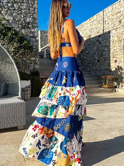 Doodle Print Braletter Top & Ruffle Skirt Coord Set