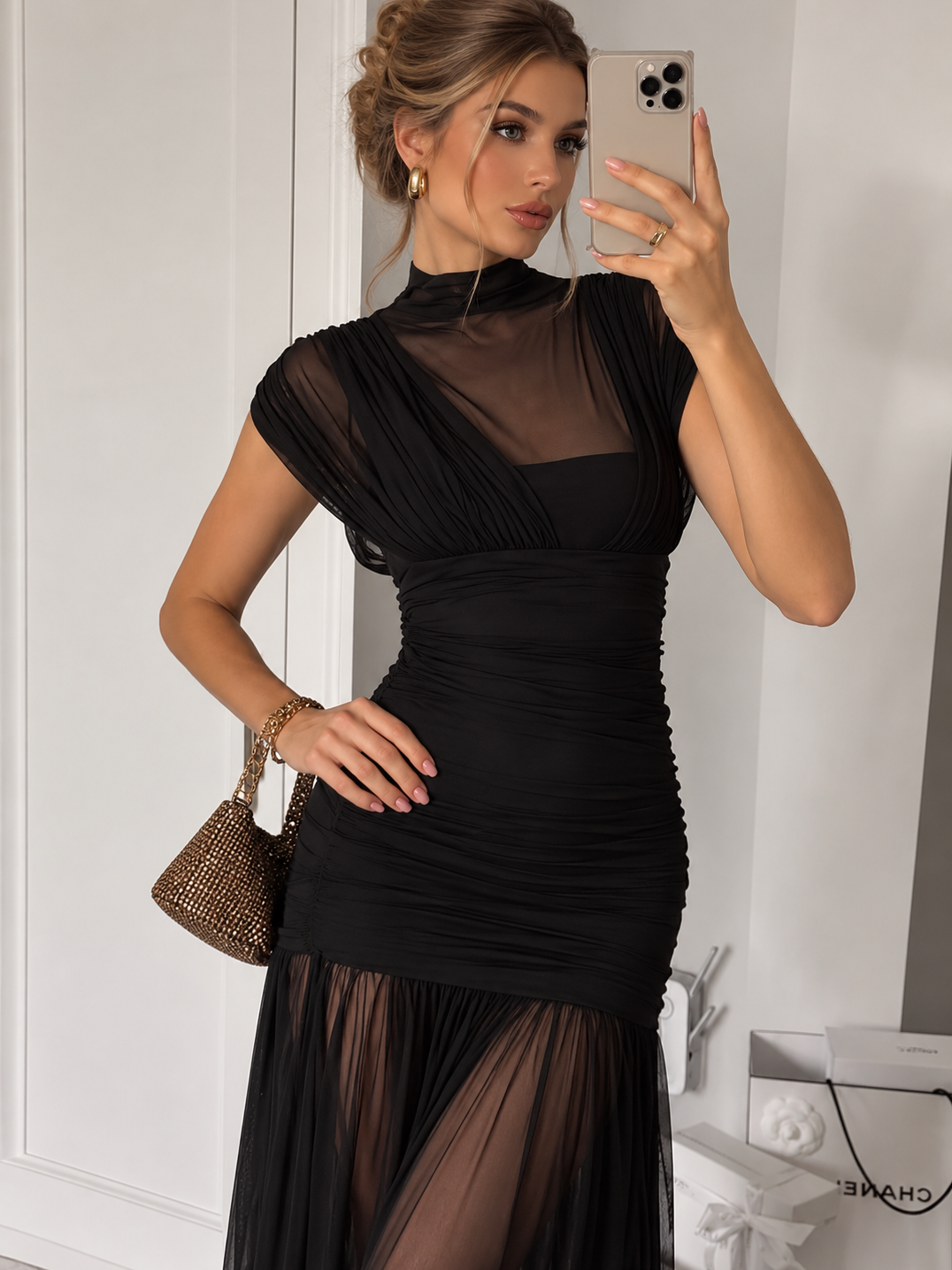 Sheer Mesh Ruched Pleated Maxi Dress by Exclusives in black